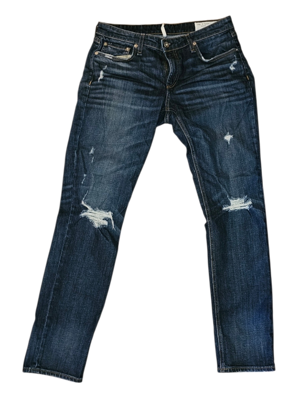 rag & bone Dark Indigo Distressed Boyfriend Jeans with Knee Rips